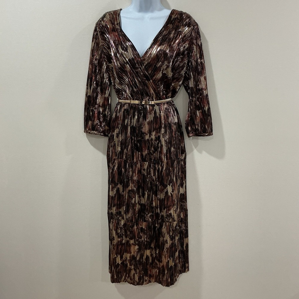 JOHNNY WAS Jade Tina Wrap Midi Dress Metallic Accordion Leopard Belted Size L
